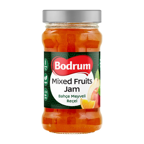 Jar of Bodrum Mixed Fruits Jam on a white background