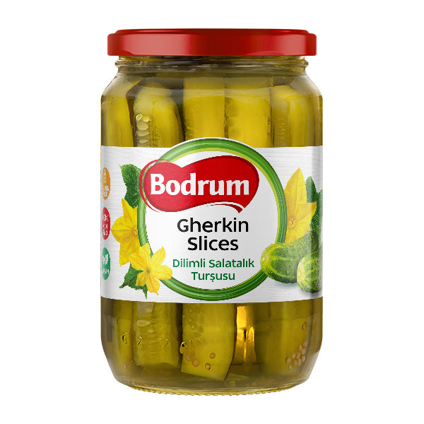 Jar of Bodrum Gherkin Slices on a white background