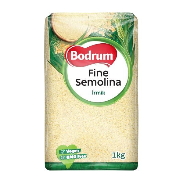 Bag of Bodrum Fine Semolina with branding and product details on a white background