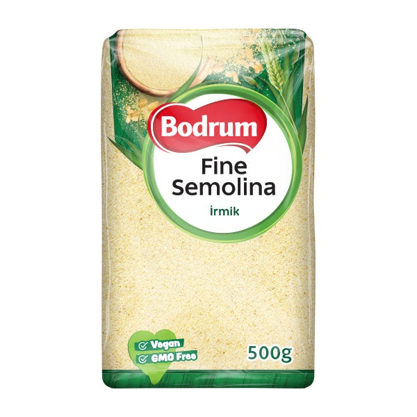 Bag of Bodrum Fine Semolina with branding and product details on a white background
