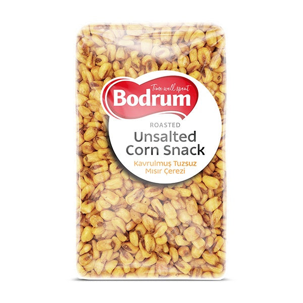Packaged roasted unsalted corn snack with Bodrum branding on a white background