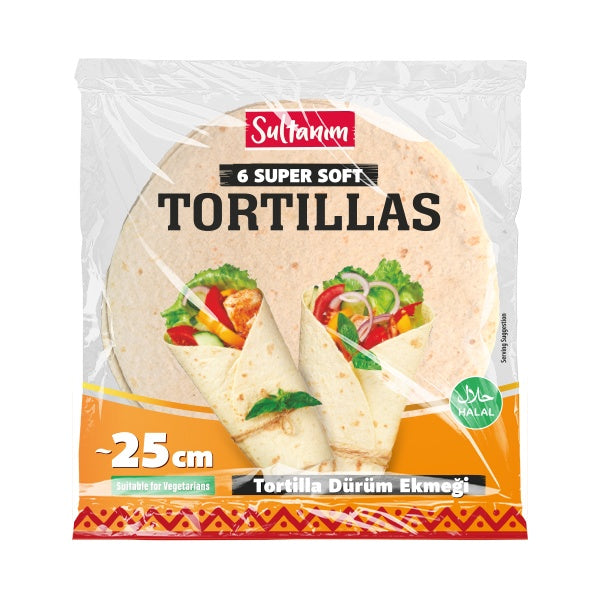 Pack of Sultanam tortillas with a clear plastic wrap on a white background