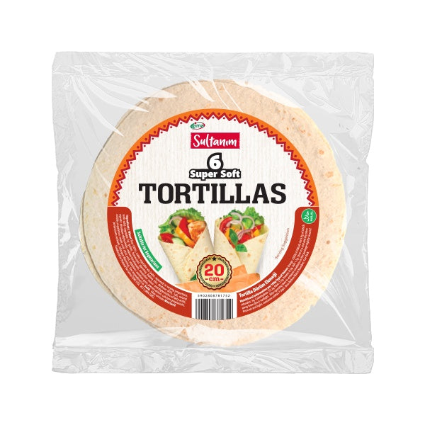 Pack of Sultana Super Soft Tortillas with a clear wrapper on a white background