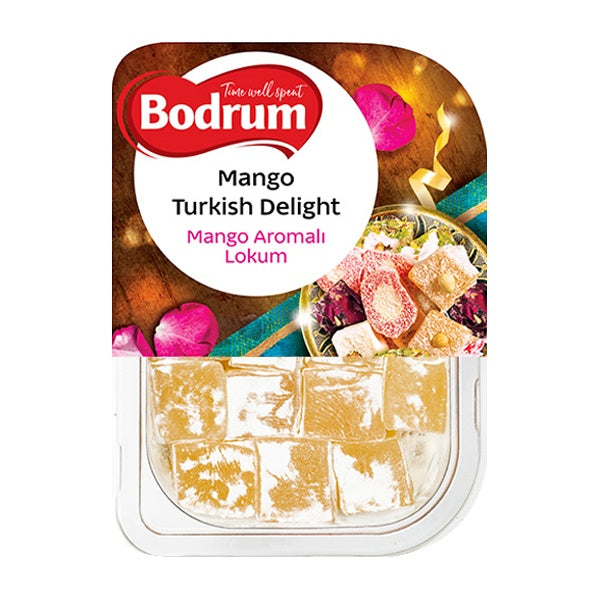 Packaging of Bodrum Mango Turkish Delight with colorful design and product image.