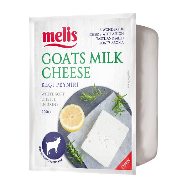 Melis goats milk cheese packaging with lemon, rosemary, and cheese block on a white background