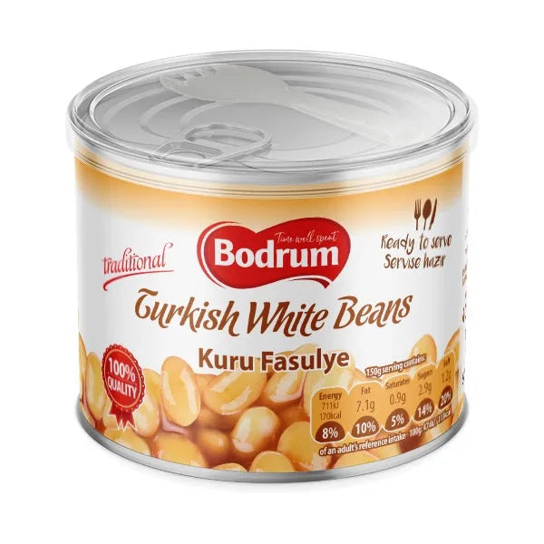 Can of Bodrum Turkish White Beans on a white background