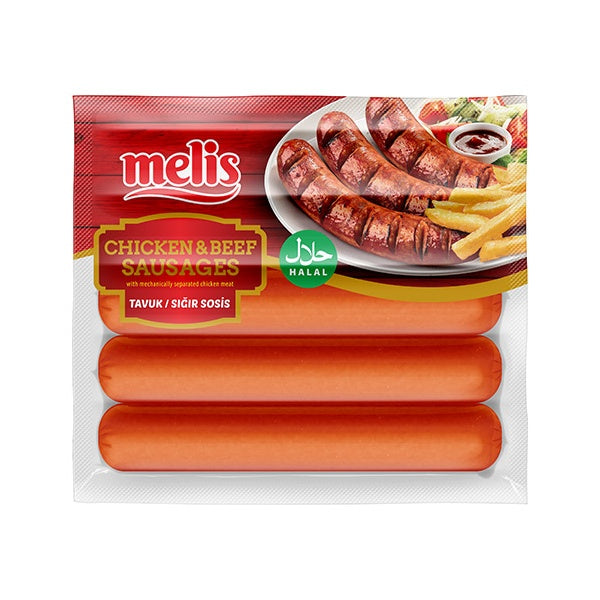 Pack of melis chicken and beef sausages with a visual of sausages and fries on the packaging.
