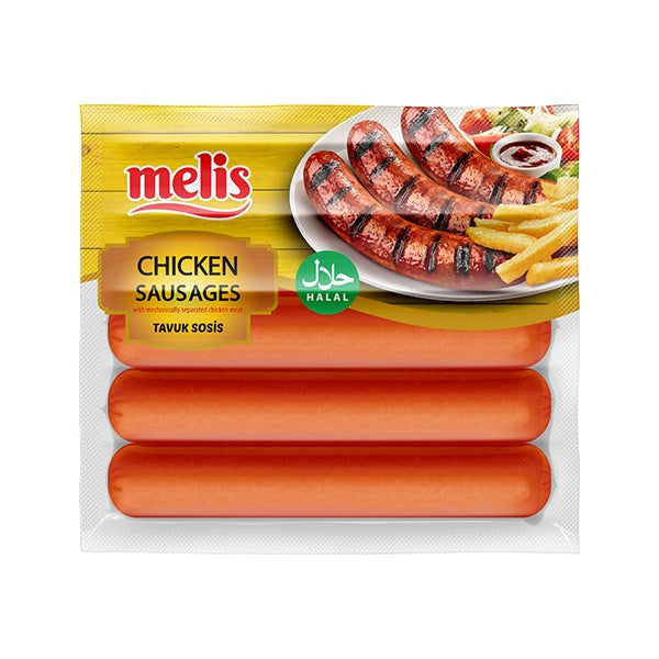 Pack of Melis chicken sausages with a plate of grilled sausages and fries on the packaging.