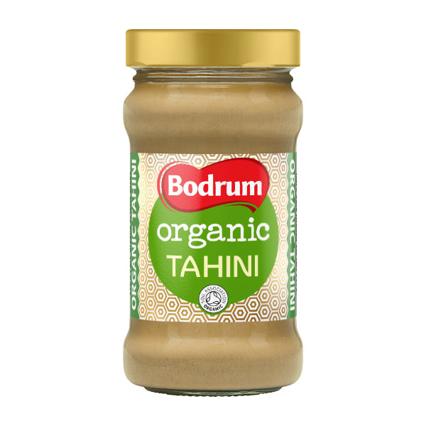 Jar of Bodrum organic tahini on a white background