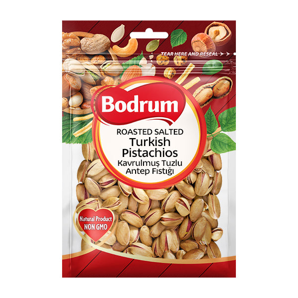 Packaging of Bodrum roasted salted Turkish pistachios on a white background