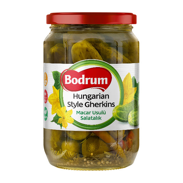 Jar of Bodrum Hungarian Style Gherkins on a white background