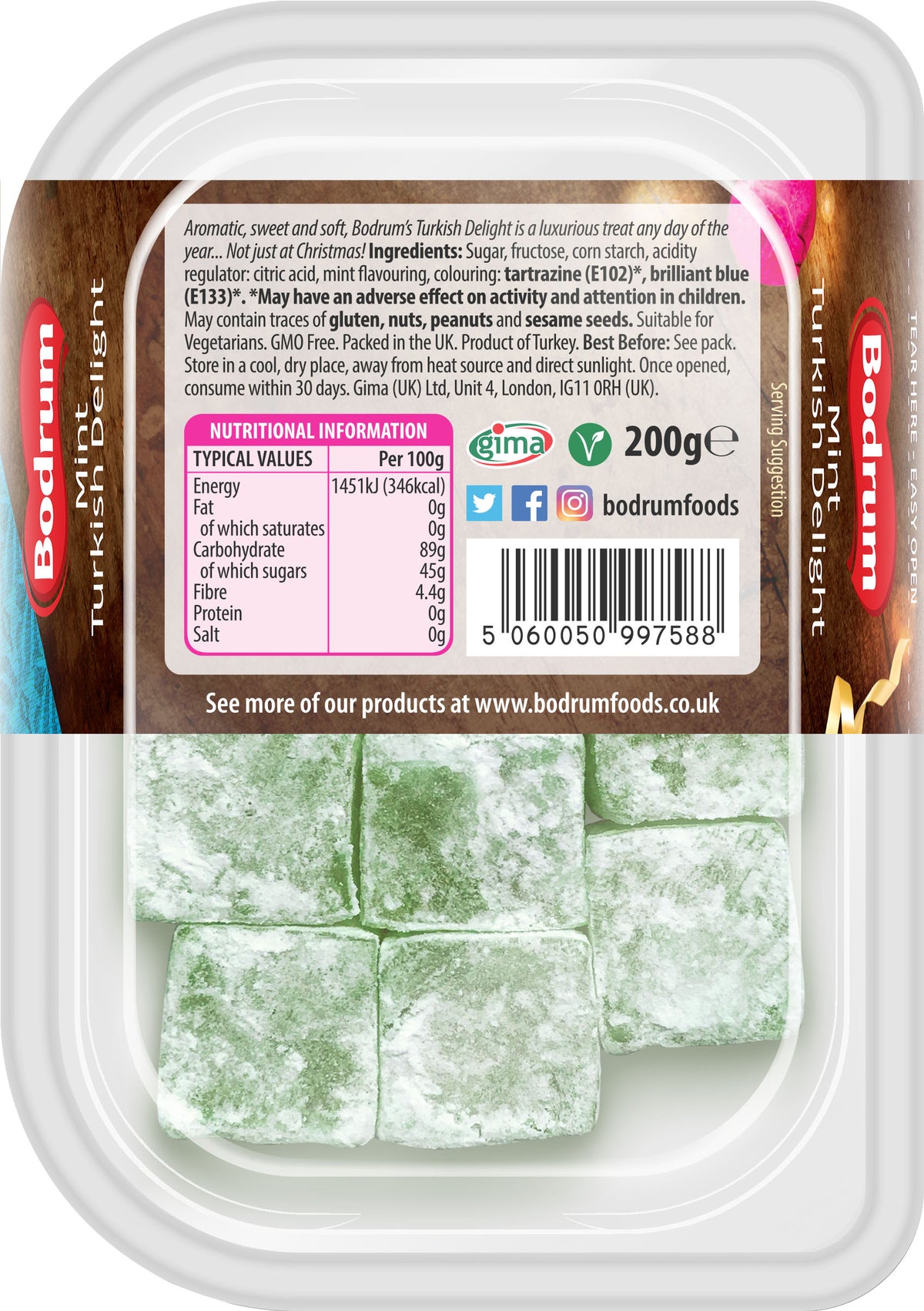 Packaged green Turkish delight with Bodrum Foods label