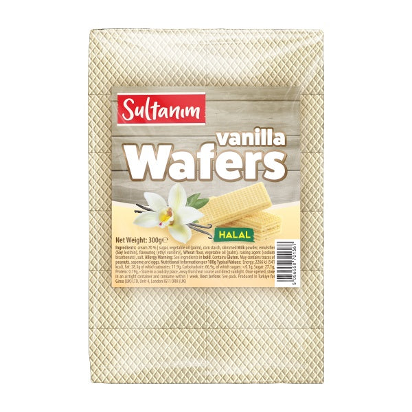 Pack of Sultanam vanilla wafers on a white background