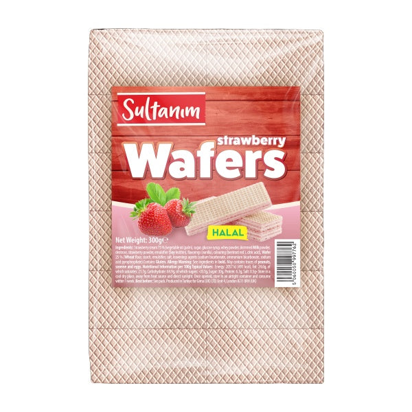 Pack of Sultans strawberry wafers on a textured beige background