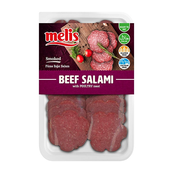 Packaged beef salami with Melis branding on a white background