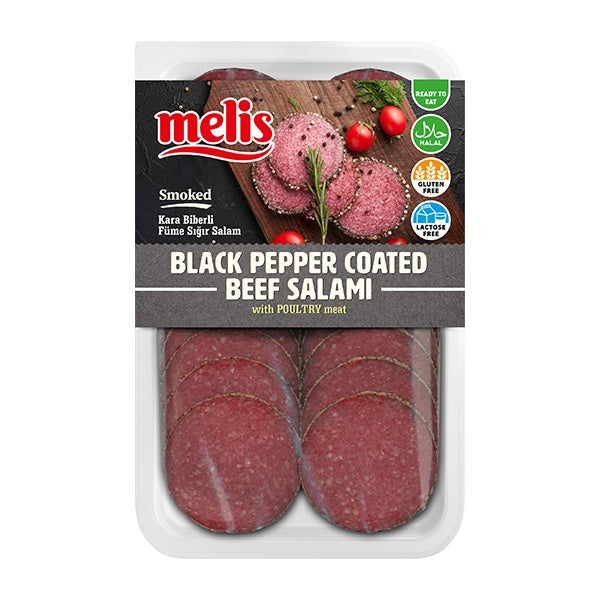80g pack of Melis Sliced Smoked Beef Salami with black pepper crust, premium halal-style deli slices