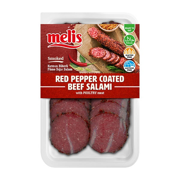 80g pack of Melis Sliced Smoked Beef Salami with red pepper flake coating, gourmet deli meat