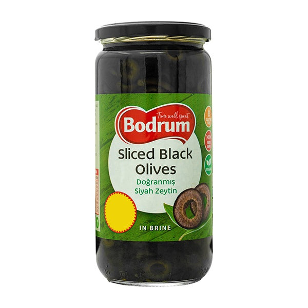 Jar of Bodrum sliced black olives on a white background