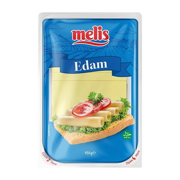 Melis Edam cheese packaging with a slice of bread and vegetables on a white background