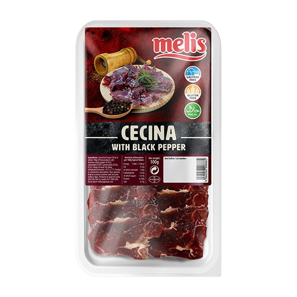 Packaged Cecina with Black Pepper by melis on a white background