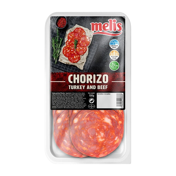 100g pack of Melis Sliced Turkey and Beef Chorizo, spicy pork-free deli slices for tapas
