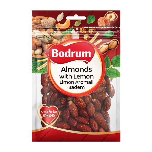Packaged almonds with lemon flavor from Bodrum on a white background