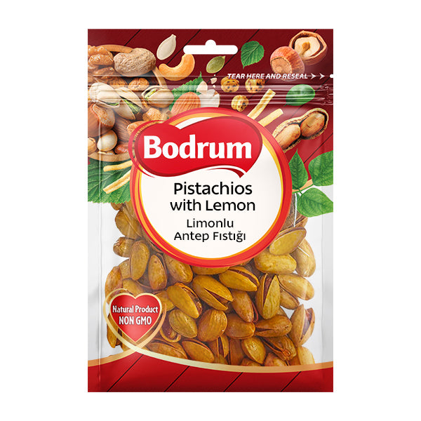 Packaged pistachios with lemon from Bodrum on a white background