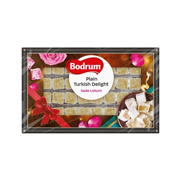 Bodrum Plain Turkish Delight packaging with a brick wall and rose design.