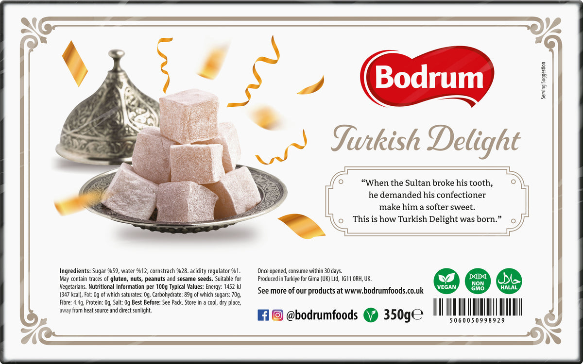 Bodrum Turkish Delight packaging with text and product image on a white background