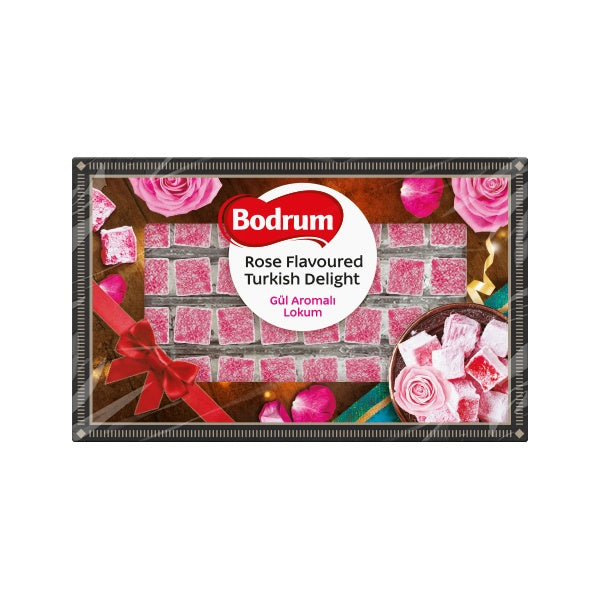 Bodrum rose-flavored Turkish delight packaging with pink roses and a red bow on a white background.