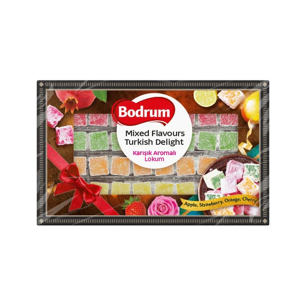 Bodrum mixed flavors Turkish delight packaging on a white background