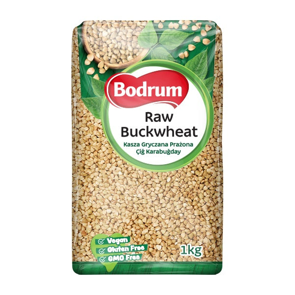 Bodrum brand raw buckwheat package on a white background
