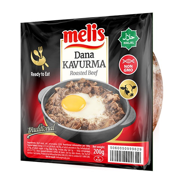 Melis Dana Kavurma roasted beef package with a bowl of food on a white background