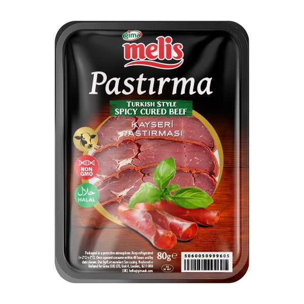 80g pack of Melis Pastirma, thinly sliced Turkish spicy cured beef with Çemen seasoning