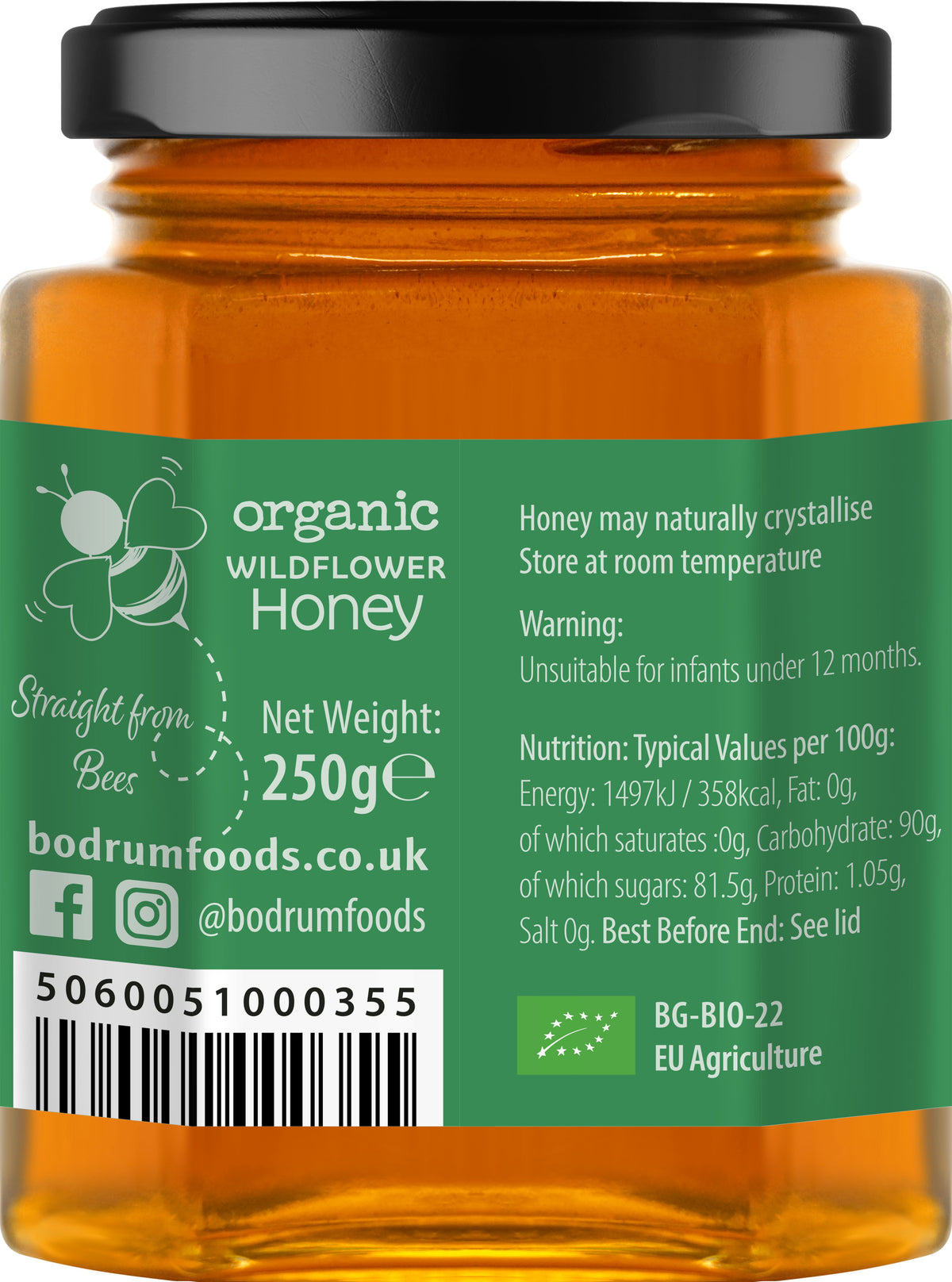 Jar of organic wildflower honey with label showing brand information and nutritional details.