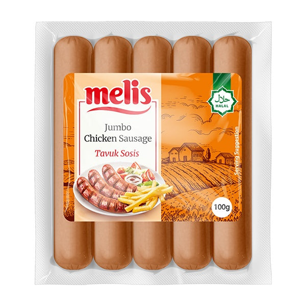 Pack of Melis Jumbo Chicken Sausages with packaging on a white background