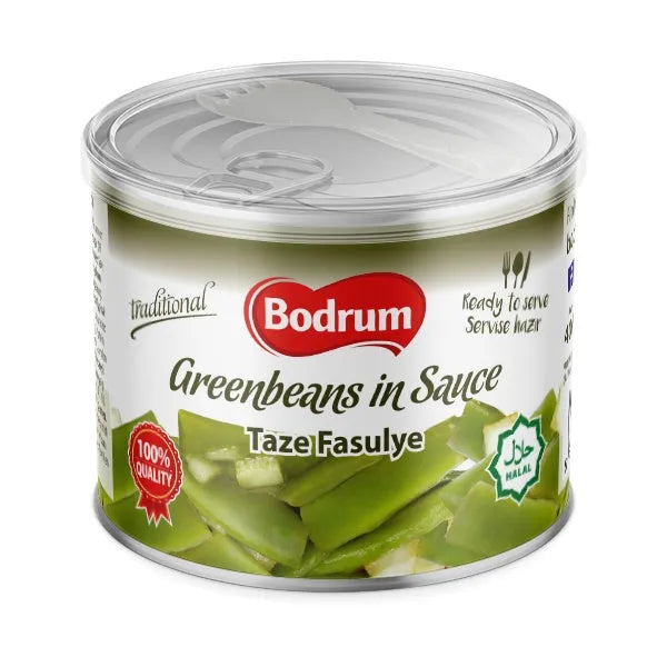 Can of Bodrum Greenbeans in Sauce on a white background