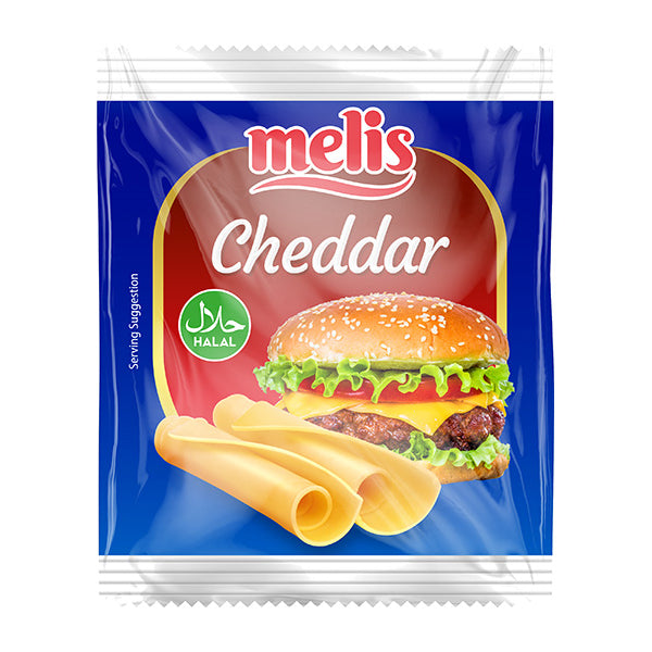Packaging of melis Cheddar cheese with a hamburger illustration on a white background