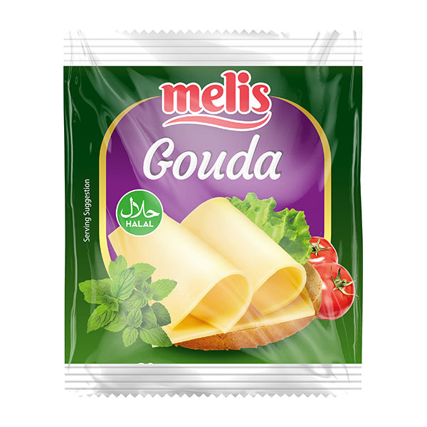 Melis Gouda cheese packaging with a sandwich illustration on a white background