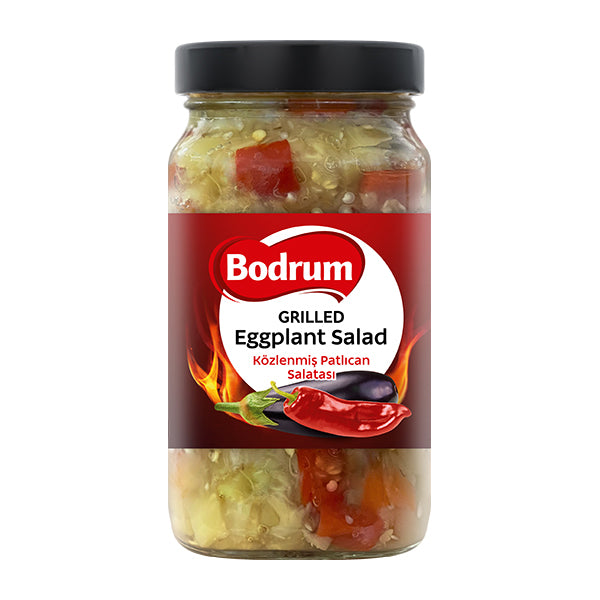 Jar of Bodrum grilled eggplant salad on a white background
