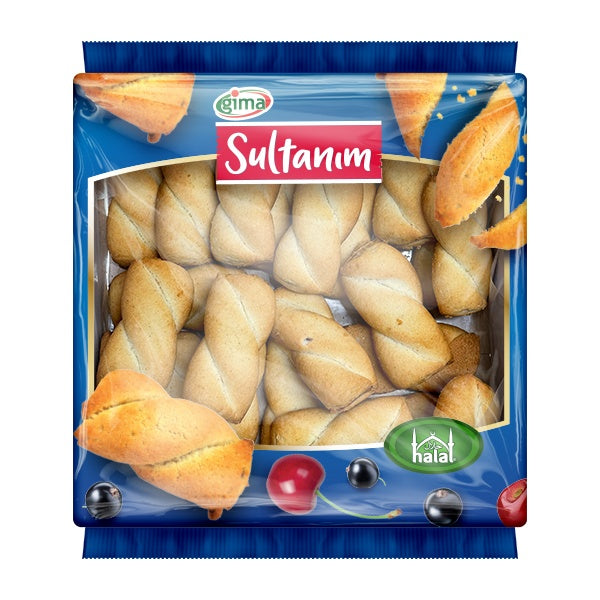 Packaged bread twists with Sultanim branding on a blue background