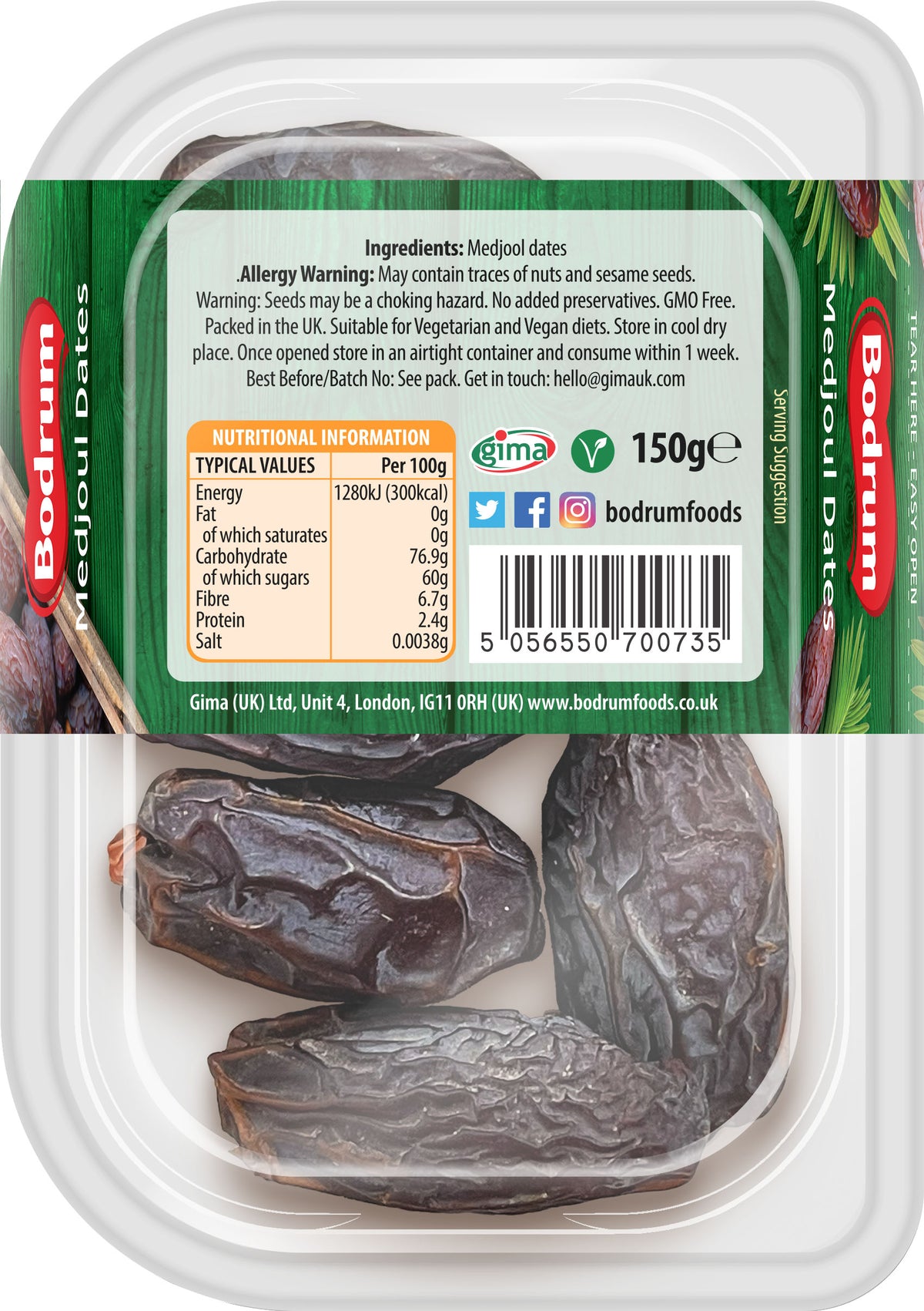 Packaged dates with a clear plastic lid and visible Bodrum brand label.