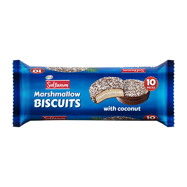 220g pack of Sultanim Chocolate and Coconut Marshmallow Biscuits, fluffy tea-time cookies
