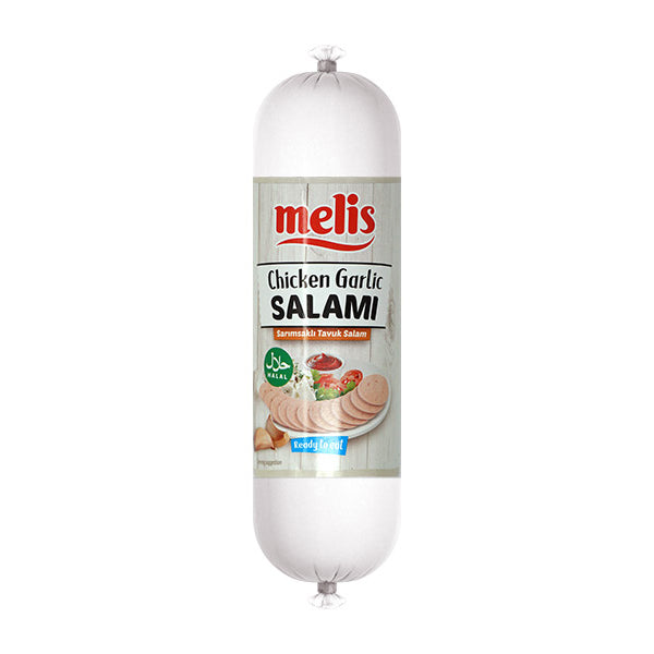 Melis Chicken Garlic Salami packaging on a white background