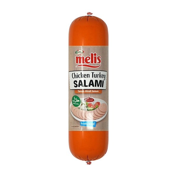 Chicken Turkey Salami package with Melis branding on a white background