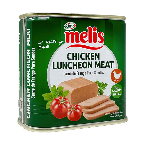 Can of Melis Chicken Luncheon Meat with green label and chicken slices on a white background