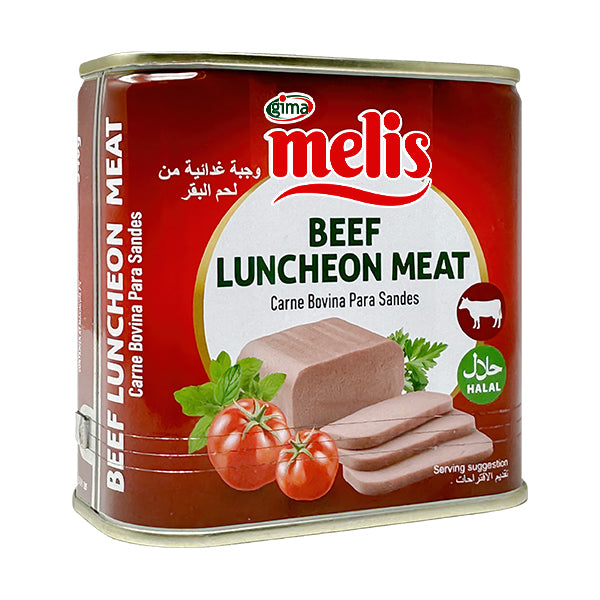 Can of melis beef luncheon meat with red label and images of meat and tomatoes.
