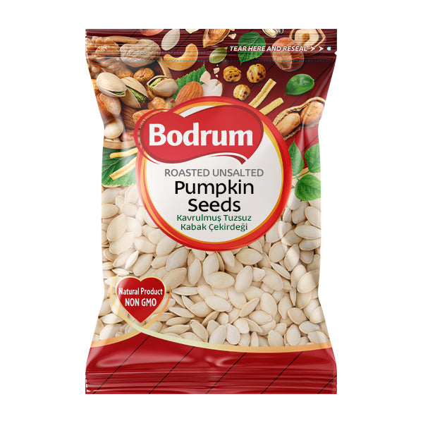 Bag of Bodrum roasted unsalted pumpkin seeds on a white background