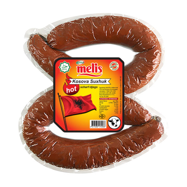 Packaged sausage with Melis brand label on a white background