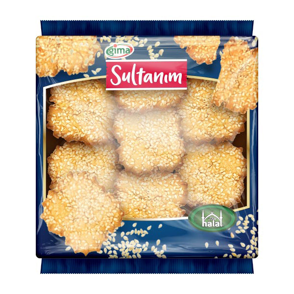 Packaged cookies with sesame seeds on a blue background, featuring the brand 'Sultanim'.